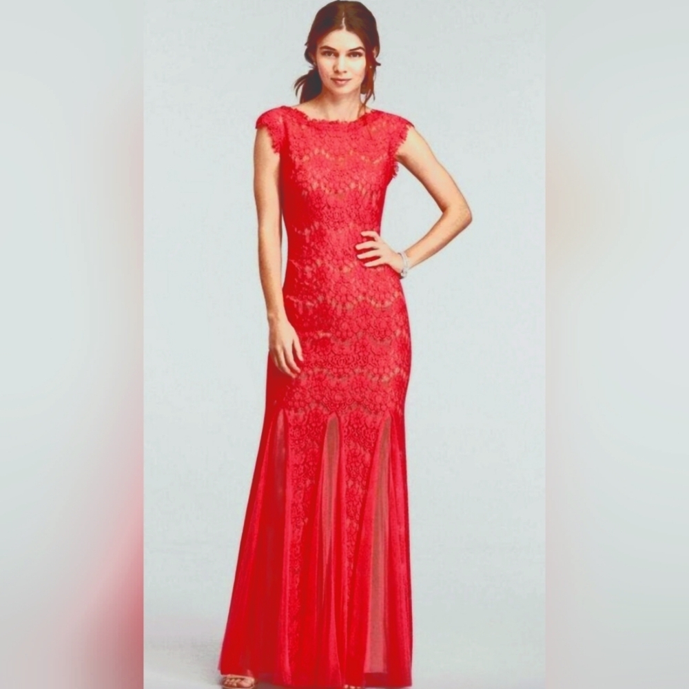 NWT Betsy & Adam Red Lace Mermaid Dress Womens 12 Maxi Floral Scallop Design